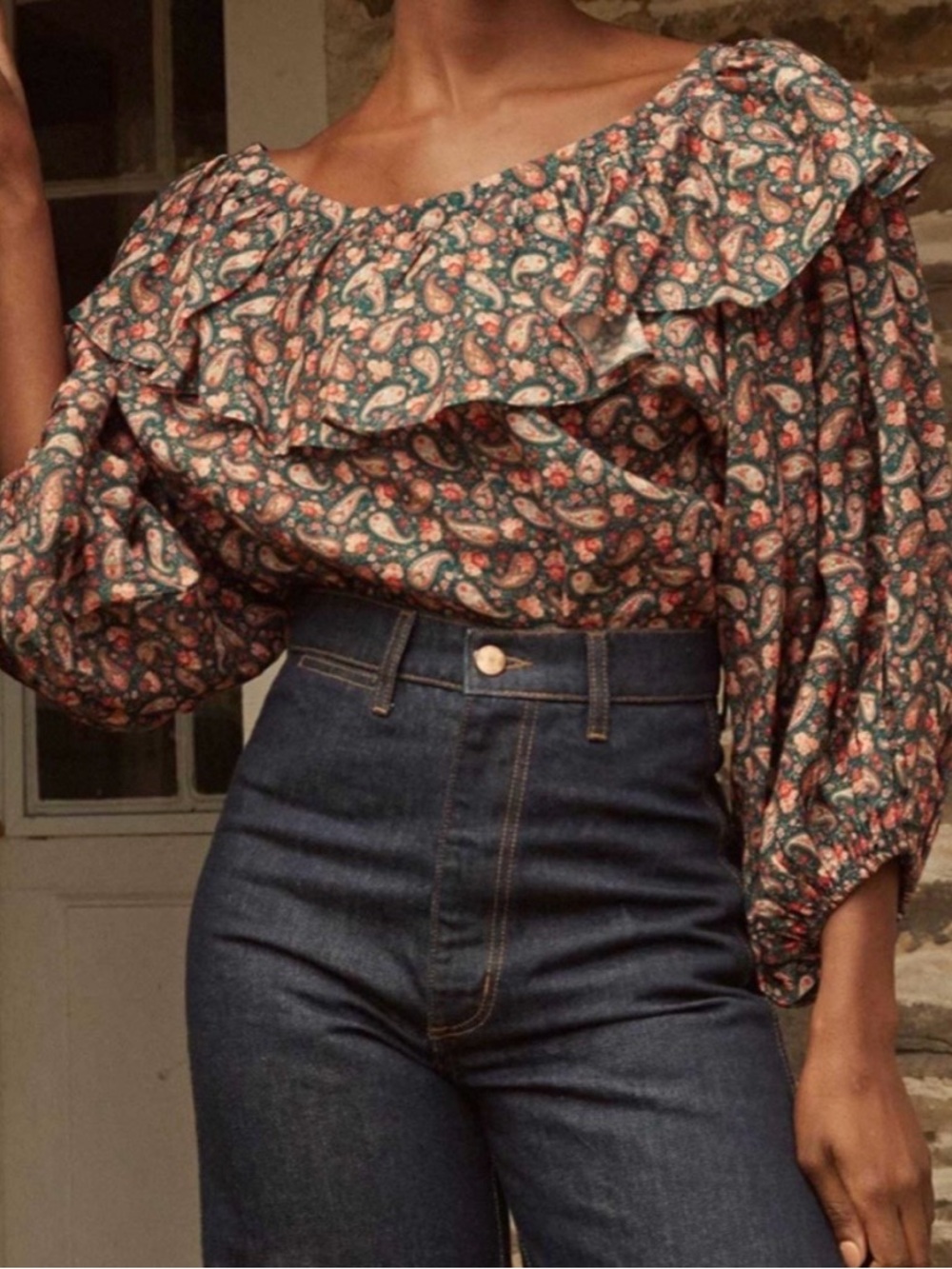DOEN Cielito Off The Shoulder Paisley Blouse Medium 100% Ramie Pheasant Prairie